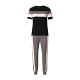 Julyshy  Plaid Striped Short Sleeve Tape Top & Drawstring Pants Set Casual Basic Women Two Piece Set