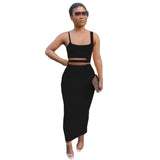 Julyshy  Summer Solid Party Suit Sexy Hollow Out Bandage Crop Tank Top+High Waist Bodycon Maxi Skirt 2 Pcs Set Women Clubwear