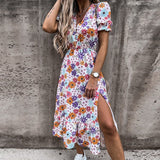Julyshy  Summer Floral Print Dress Women V Neck Side Slit Long Elegant Dress Short Sleeve Button Slim Spring Female Party Dress Vestidos