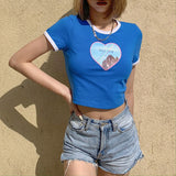 Julyshy  Sexy Women Summer Graphic T-Shirt Y2K Aesthetic Cute Short Sleeve Crop Top Ladies E-Girl Harajuku Black Cropped Tee Shirt