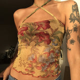 Julyshy  Ladies Summer Sexy Midriff-Baring Camisole Women Floral Printing Stringy Selvedge Hem Hanging Neck Sleeveless Mesh Tops