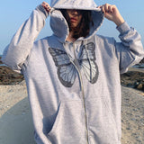 Julyshy  Rhinestone Butterfly Autumn Gray Zip Up Oversized Hoodie Anime 90S Aesthetic Grunge Streetwear Women Cyber Y2k Sweatshirts 2022