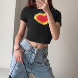 Julyshy  Sexy Women Summer Graphic T-Shirt Y2K Aesthetic Cute Short Sleeve Crop Top Ladies E-Girl Harajuku Black Cropped Tee Shirt