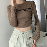 Julyshy Vintage Y2K Brown Tshirts Women Harajuku Streetwear Letter Print Long Sleeve T Shirts Female Kpop Hip Hop Slim Crop Tops