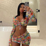 Julyshy  Lace Print Mesh Long Sleeve Crop Top Mini Skirts Two Piece Sets Beach Sexy Outfits For Woman Summer Matching Set With Underpants