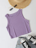 Julyshy  Purple Rib Knit Crop Top Women Preppy Style Solid Sleeveless Round Neck Tanks Top Bodycon Ruched Elastic Vest Y2K Clothes