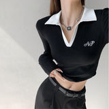 Julyshy Harajuku Gray Long Sleeve Tshirts Women Y2K Vintage Basic Letter Skinny Corset Polo Collar Crop Tops Korean Fashion