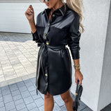 Julyshy  PU Leather Jacket 2022 New Autumn Women Clothing Loose Belt Faux Leather Windbreaker With Trench Coat Slim  Black
