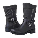 Julyshy  Shoes Women's Leather Boots Retro Belt Buckle Mid Calf Boots Round Toe 2022 Water Proof Casual Martin Boots Women Botas De Mujer