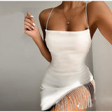 Julyshy  Sexy Tassel Diamonds Party Dress Women Spaghetti Straps Backless Split Bodycon For Women Elegant Dress