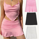 Julyshy  Summer 2022 Women Sexy Casual Pleated Hem Mini Solid Color Elastic High Waist Folds Short Black/ White/ Pink/ Young Style Skirt