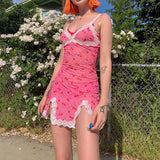 Julyshy  Red Pink Cute Cherry Dot Printing Suspender Dress Y2K V Neck Sexy Lace Patch Slim Irregular Short Dress
