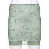 Julyshy  New 2022 Light Green Floral Printed Two-Layers Y2k Mini Skirts Harajuku 90S Korean Retro Straight Women Aesthetic Summer Outfits