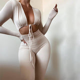 Julyshy  Long Sleeve  Bodysuit Women Jumpsuits Solid Color Female Deep V-Neck Tied Up Rompers Fitness Front Hollow Out Long Pants  2022