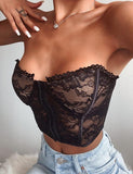 Julyshy  Sexy See-Through Women's Intimates Lace Hem Backless Strapless Off-The-Shoulder Tube Top Lace Fashion Tank White/ Black