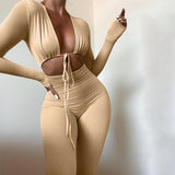 Julyshy  Long Sleeve  Bodysuit Women Jumpsuits Solid Color Female Deep V-Neck Tied Up Rompers Fitness Front Hollow Out Long Pants  2022