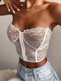 Julyshy  Sexy See-Through Women's Intimates Lace Hem Backless Strapless Off-The-Shoulder Tube Top Lace Fashion Tank White/ Black