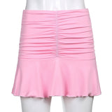 Julyshy  Summer 2022 Women Sexy Casual Pleated Hem Mini Solid Color Elastic High Waist Folds Short Black/ White/ Pink/ Young Style Skirt