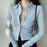 Julyshy Y2K Vintage Green Plaid Shirts Women Chic Fashion Lady Checked Blouse Female Egirl Aesthetic Sexy Button Up Crop Tops
