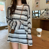 Julyshy Basic Black And White Striped Tshirts Summer Harajuku Oversized Transparent Long Sleeve T Shirts Female Korean Style