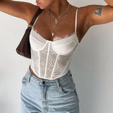 Julyshy  Sexy Y2k Lace Corset Top Frill Solid Color Bow Vintage See Through Camis Crop Top Women Cute Mini Vest 90S