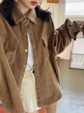 Julyshy Vintage Basic Brown Corduroy Blouses Women Korean Style Harajuku Oversize Black Shirt Female Spring Autumn Chic Jacket