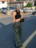 Julyshy Army Green Low Rise Parachute Pants Women Cyber Y2K Vintage Pockets Cargo Trousers Oversize Wide Leg Joggers Edgy Style