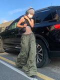 Julyshy Army Green Low Rise Parachute Pants Women Cyber Y2K Vintage Pockets Cargo Trousers Oversize Wide Leg Joggers Edgy Style