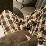 Julyshy Vintage Brown Plaid Pants Women Oversize Harajuku Korean Fashion Wide Leg Checked Trousers For Female Button Up Casual