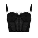 Julyshy  Sexy Y2k Lace Corset Top Frill Solid Color Bow Vintage See Through Camis Crop Top Women Cute Mini Vest 90S
