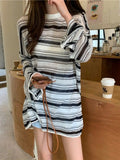 Julyshy Basic Black And White Striped Tshirts Summer Harajuku Oversized Transparent Long Sleeve T Shirts Female Korean Style