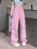 Julyshy Y2K Pink Cargo Jeans Women Vintage Egirl Streetwear Oversize Flap Pocket Beige Wide Leg Denim Pants Harajuku Trousers