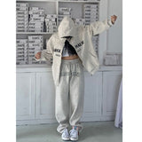 Julyshy Hip Hop Gray Hoodie Women Two Piece Sets Zipper Sweatshirts Harajuku Korean Jackets Suit Oversize Jogging Sweatpants