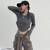 Julyshy Hippie Kpop Gray Long Sleeve Tshirts Women Y2K Basic Slim Beige Crop Tops Female Korean Streetwear Harajuku T Shirts