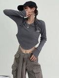 Julyshy Hippie Kpop Gray Long Sleeve Tshirts Women Y2K Basic Slim Beige Crop Tops Female Korean Streetwear Harajuku T Shirts