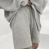 Julyshy Korean Fashion Gray Women Tracksuit Two Peice Set Long Sleeve Sweatshirt Oversized Elastic Waist Shorts Autumn Suits