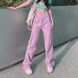 Julyshy Y2K Pink Cargo Jeans Women Vintage Egirl Streetwear Oversize Flap Pocket Beige Wide Leg Denim Pants Harajuku Trousers